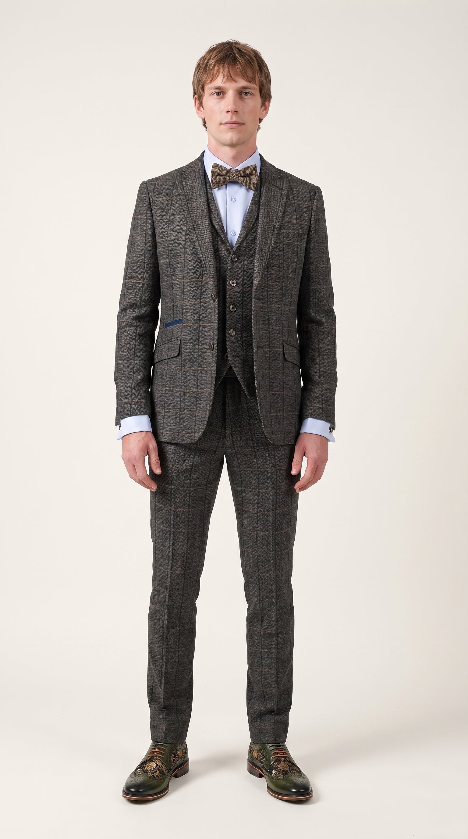 Look #330 styled with Albert - Men's Brown Herringbone Tweed Check Bow Tie