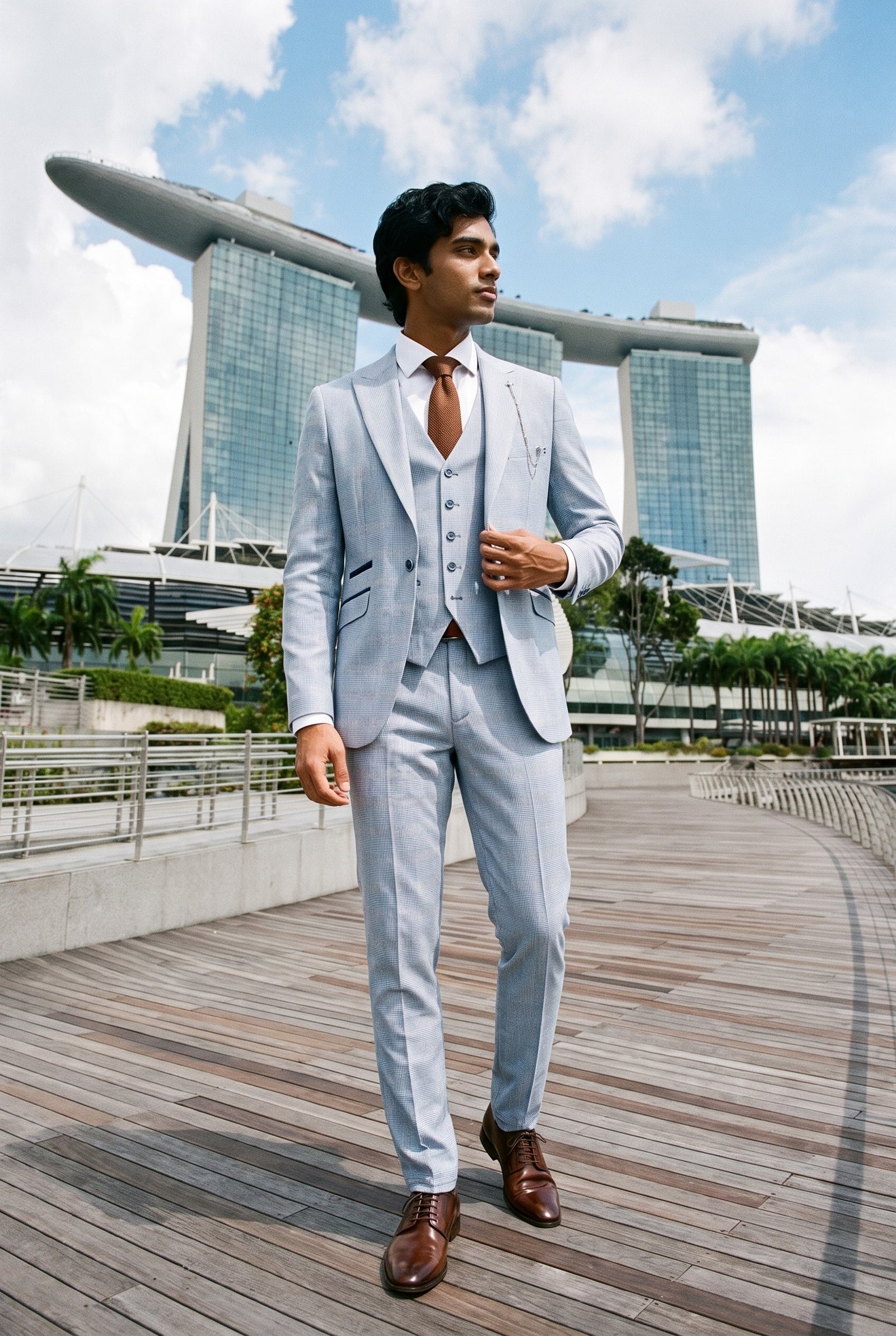 Look #1007 styled with Diamond Neck Brown Tie Gift Set Pocket Square Cuff Links Pin Tie For Shirt Satin