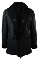 Mens Real Shearling German Navy Sheepskin Double Breasted Jacket Black Fitted