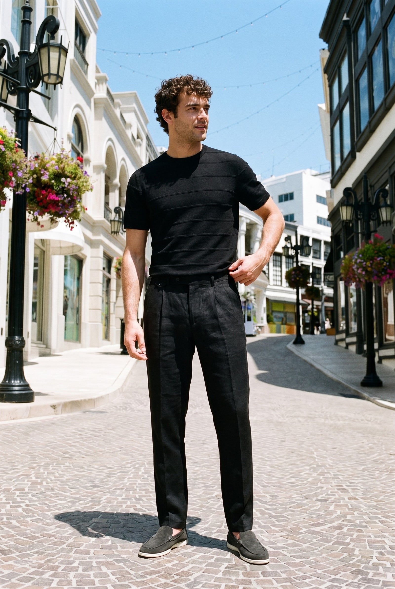 Look #876 styled with Men’s Black 100% Linen Pleated Drawstring Trousers Relaxed Straight Fit