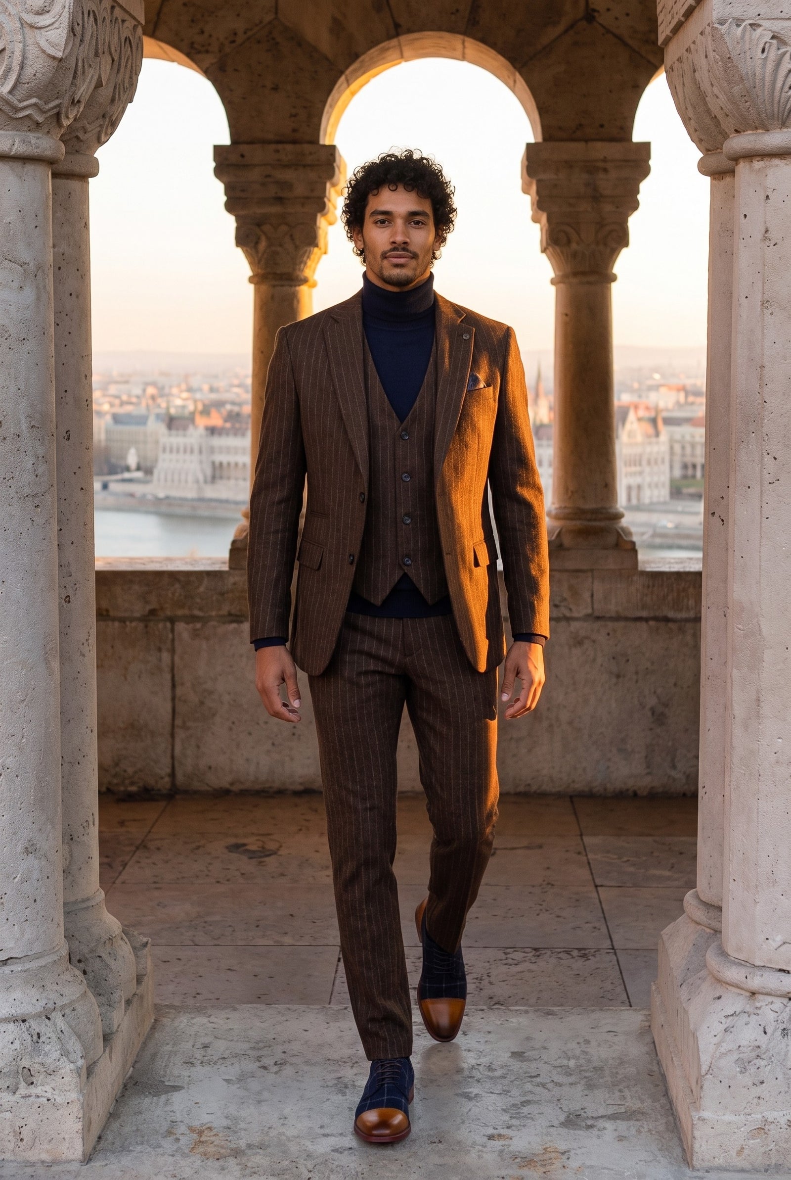 Look #959 styled with Men's Brown Pinstripe Slim Fit 3 Piece Suit