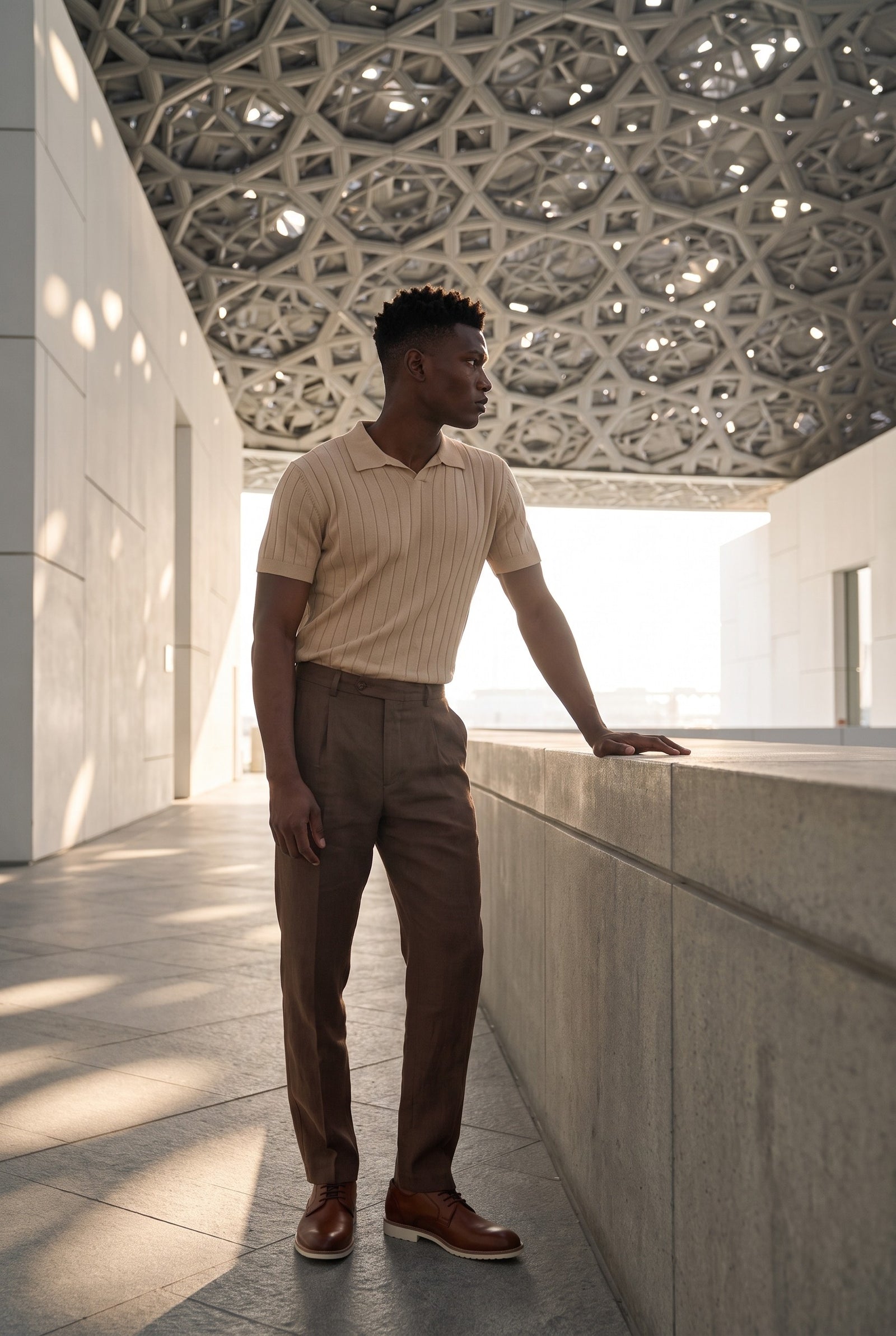 Look #891 styled with Men’s Beige Ribbed Knit Polo Shirt