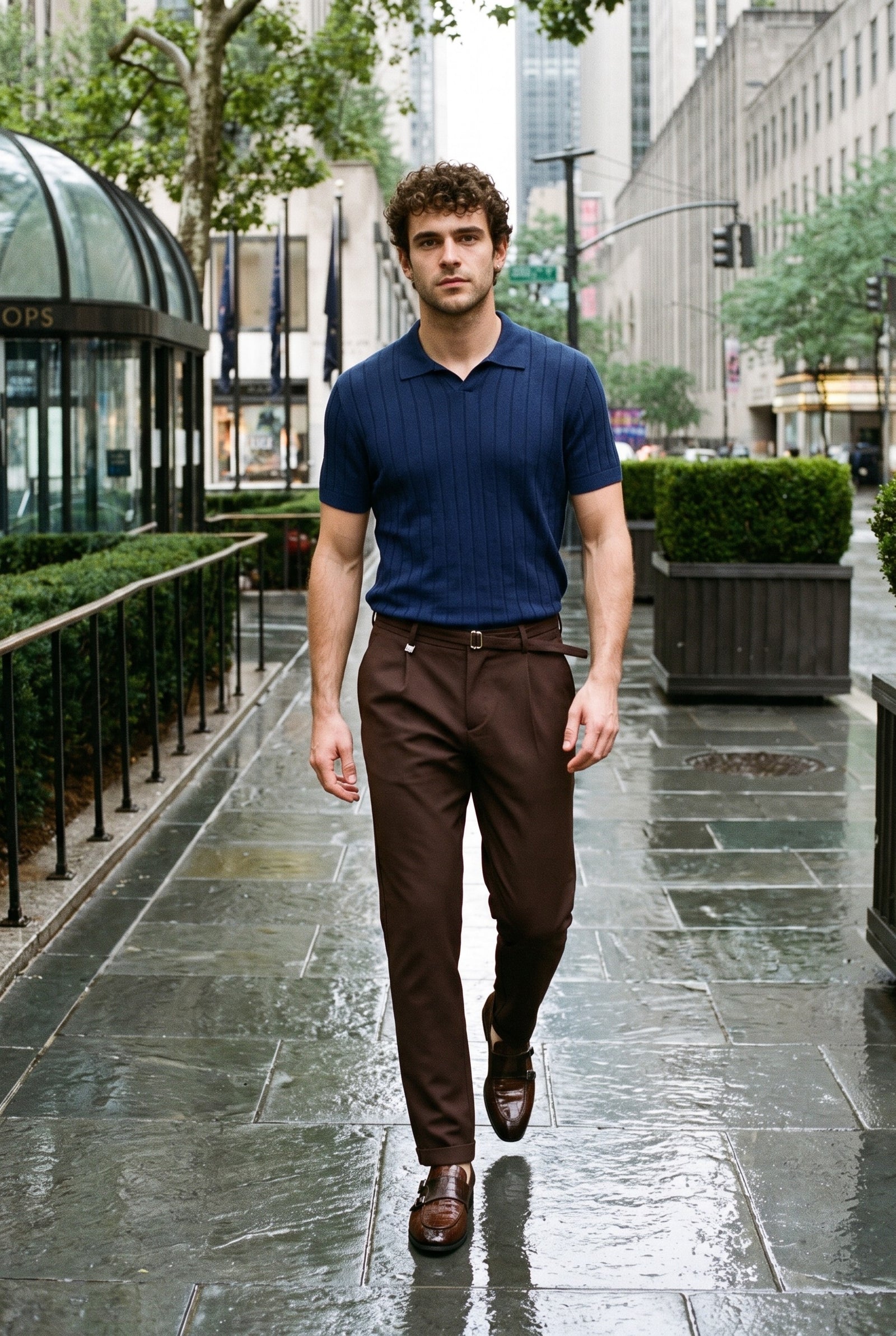 Look #907 styled with Men’s Navy Ribbed Knit Polo Shirt