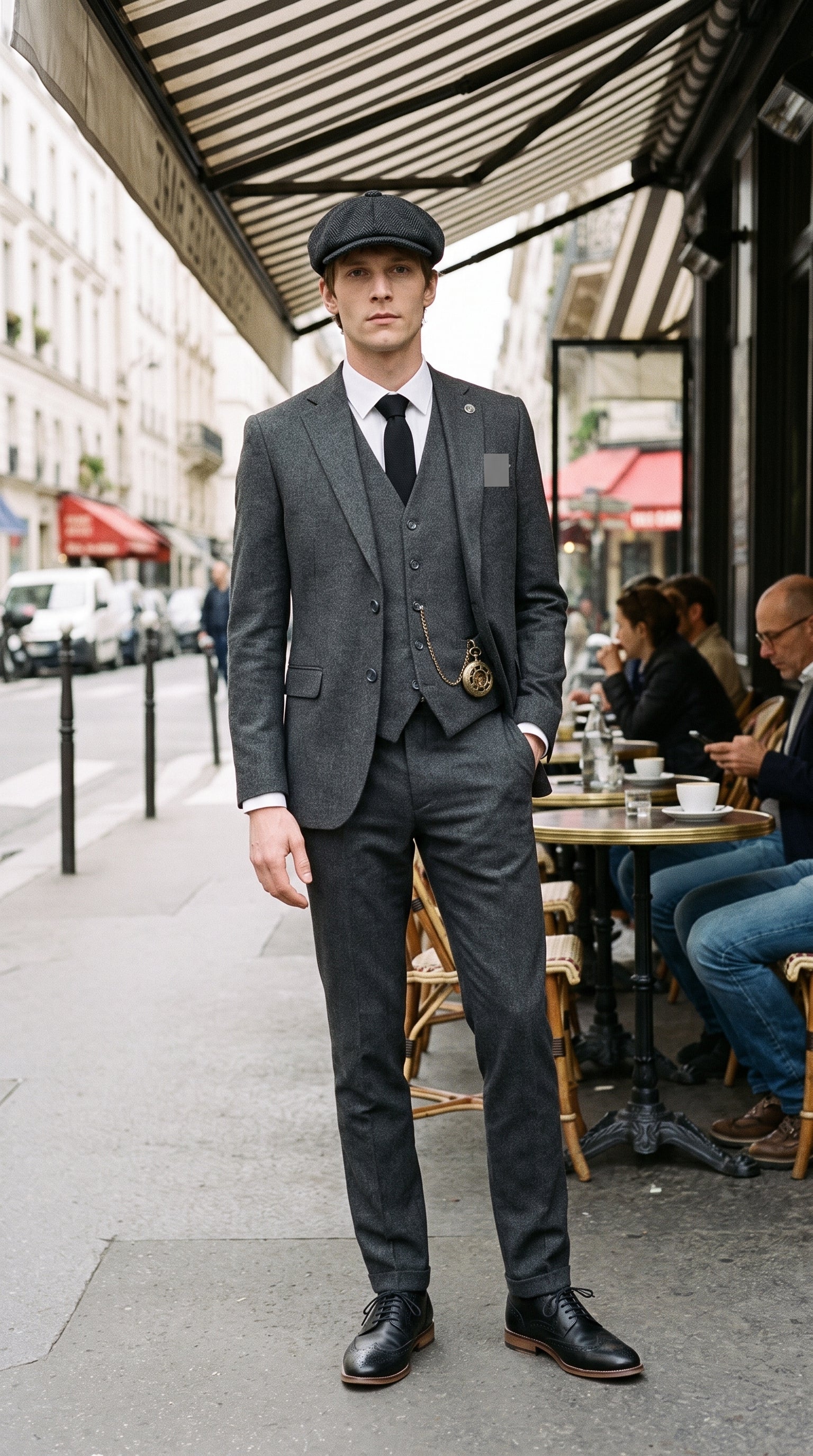 Look #831 styled with 281 - Men's Charcoal Herringbone Tweed Wool Tie & Handkerchief 2"