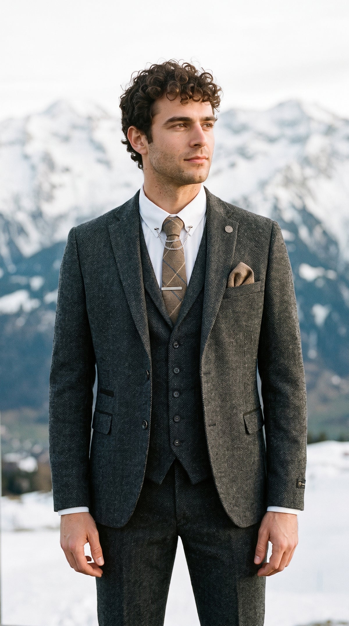 Look #637 styled with Men's Charcoal Grey 3 Piece Tweed Herringbone Suit - STZ11