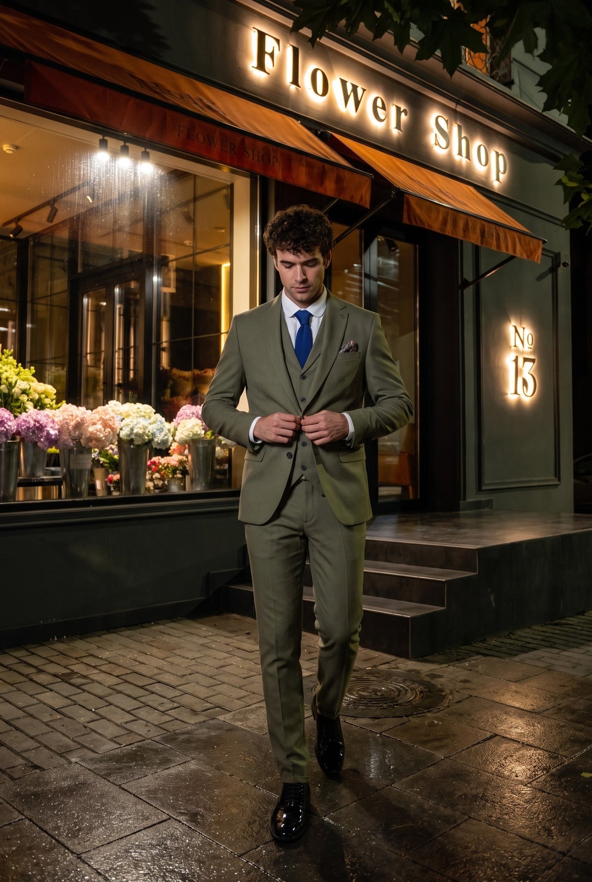 Look #158 styled with TP-22 Men's Sage 3-Piece Linen Summer Wedding Suit