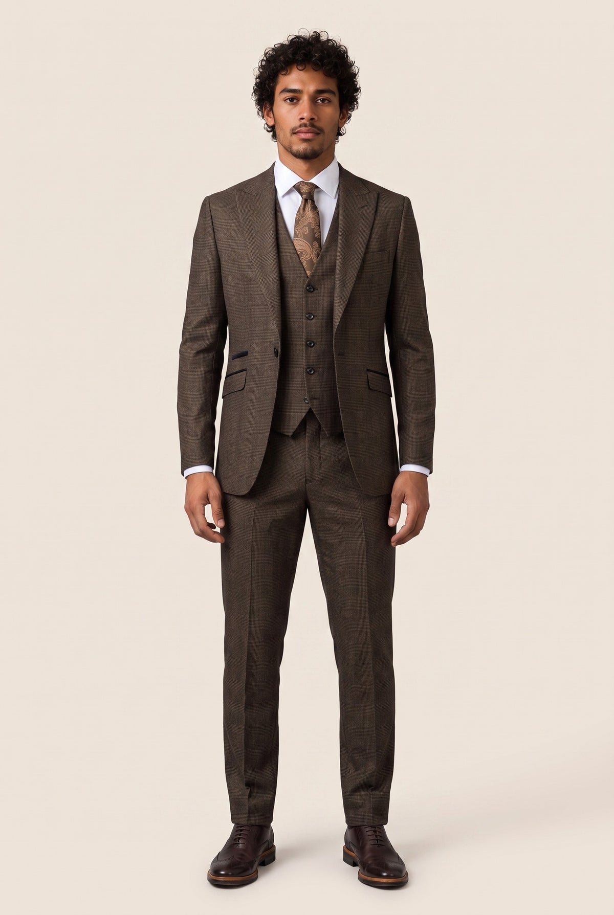 Look #1004 styled with Mens 3 Piece Check Suit Tweed Black Brown Tailored Fit Wedding Peaky Classic
