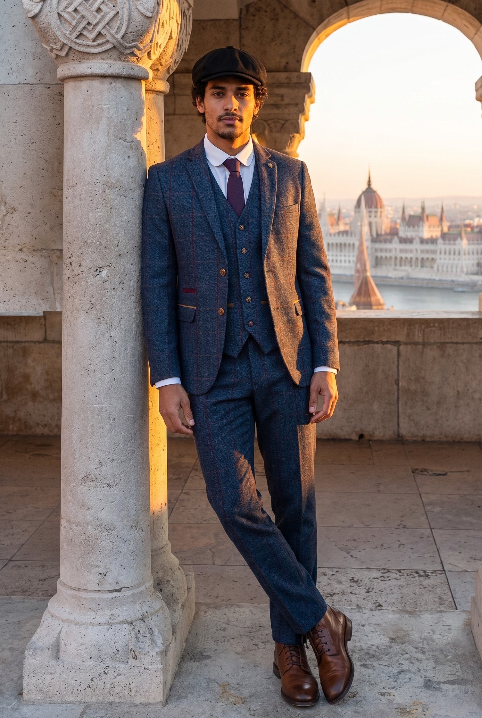 Look #553 styled with Mens Herringbone Tweed 3 Piece Navy Red Check Suit Vintage 1920s Tailored Fit