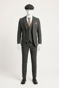 Men's Charcoal Grey 3 Piece Tweed Herringbone Suit - STZ11