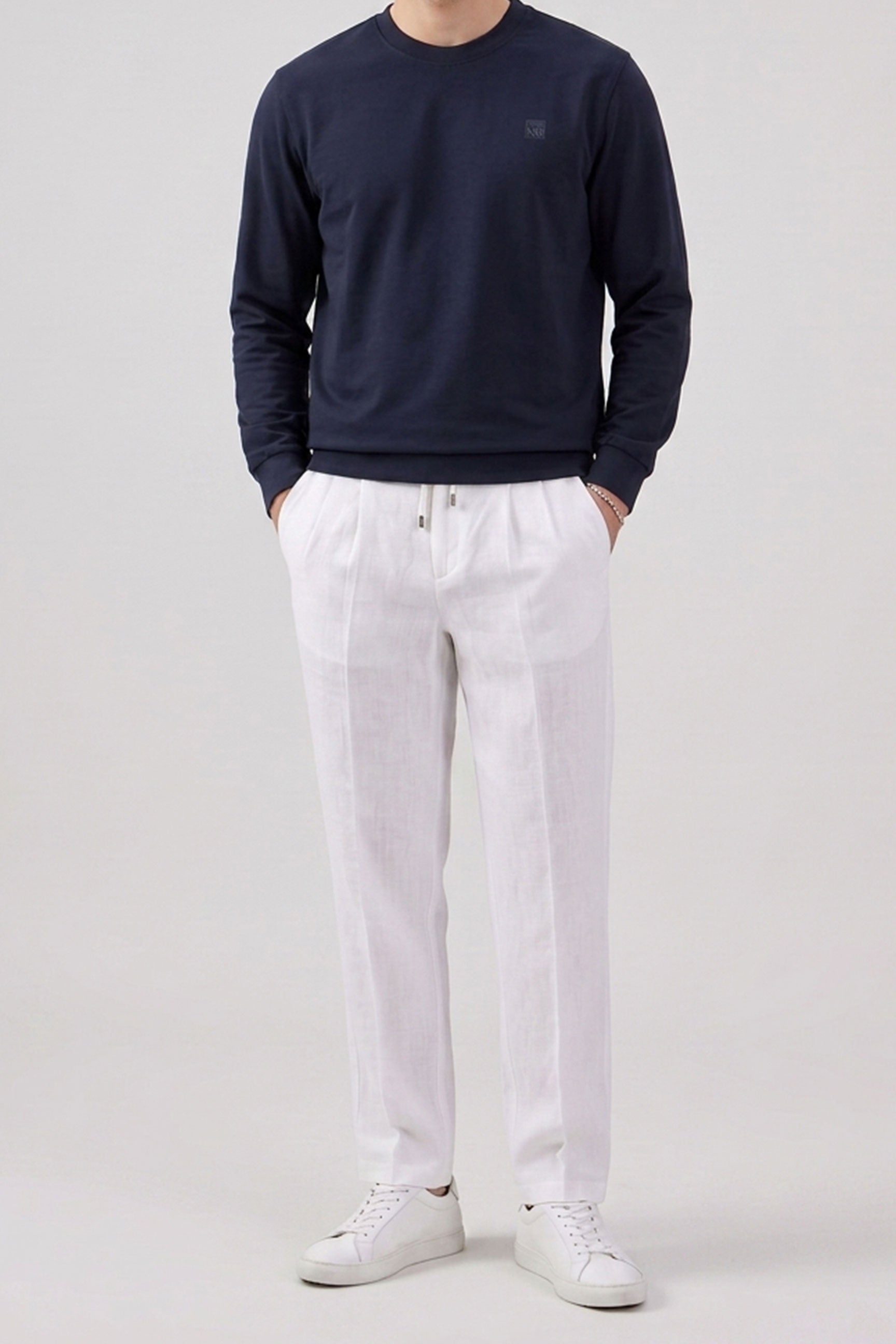 Men’s Navy Cotton Blend Crew Neck Sweatshirt Long Sleeve Stretch Pullover