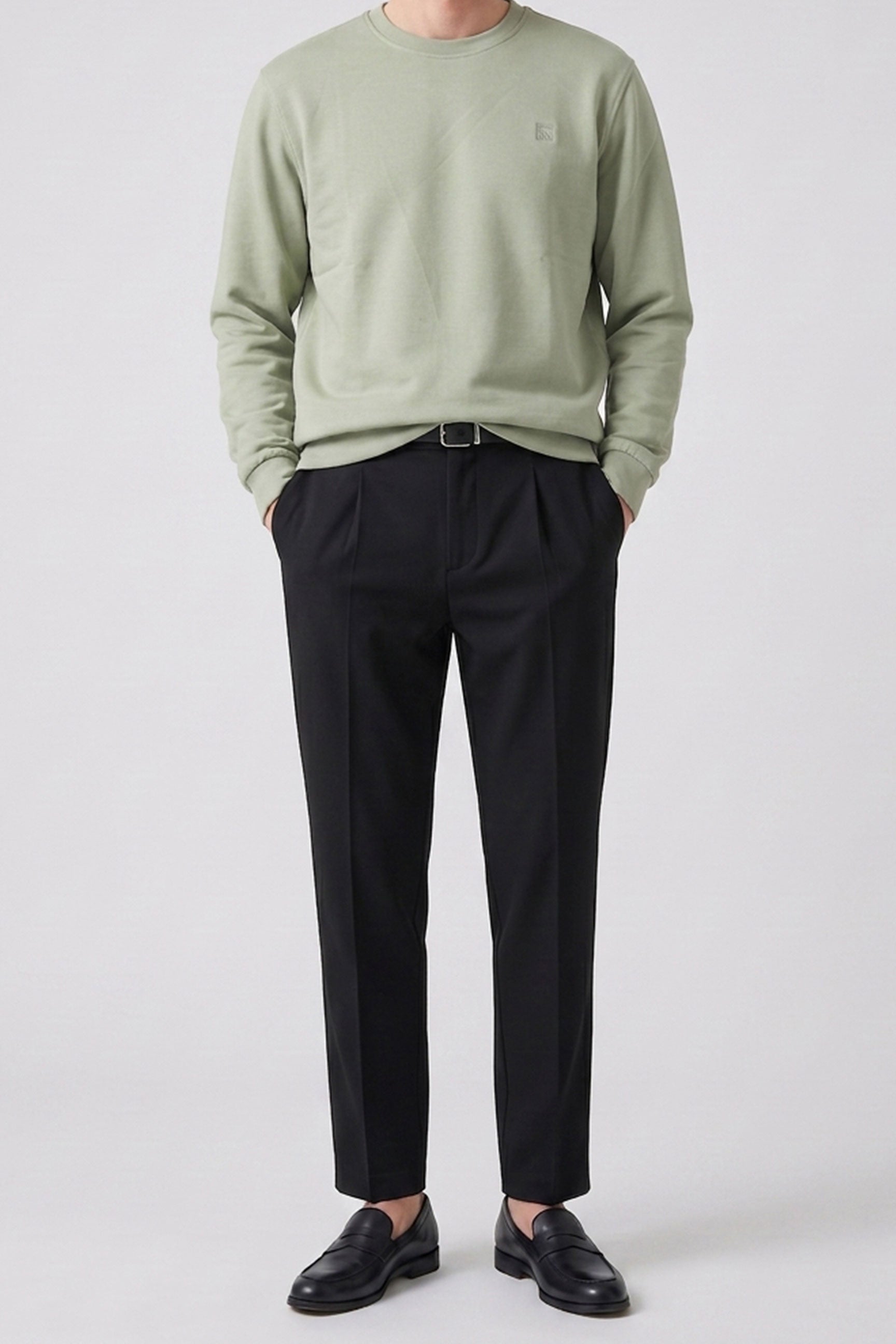 Men’s Sage Green Cotton Blend Crew Neck Sweatshirt Long Sleeve Stretch Pullover