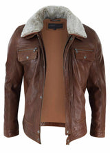 Mens Black brown Real Leather Jacket Sheepskin Collar Short Zip Button - Timber
