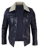 Mens Real Leather Jeans Jacket Fur Collar Retro Vintage Classic Navy Blue Casual