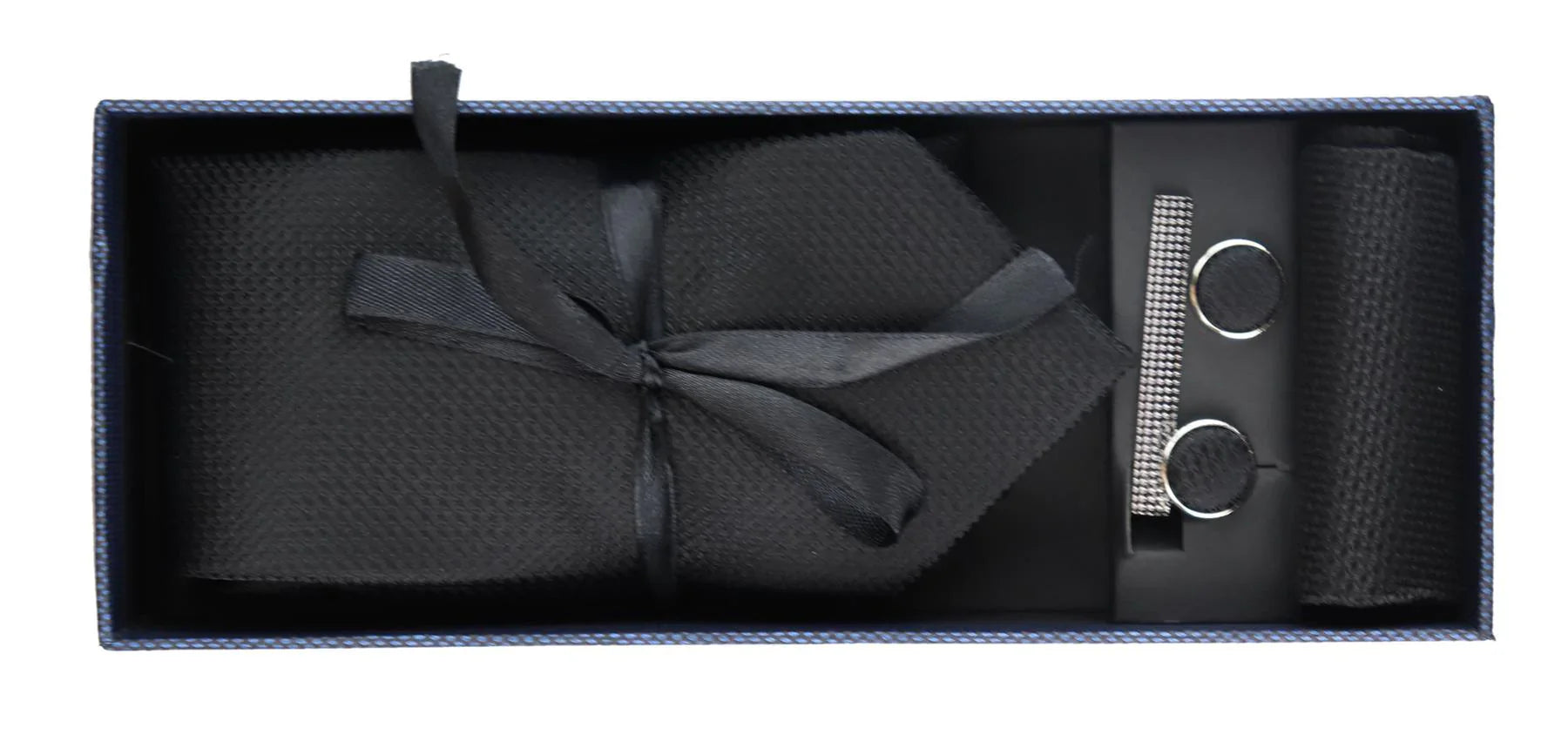 Satin Silk Textured Black Tie Gift Set Pocket Square Cuff Links Tie Matt Satin