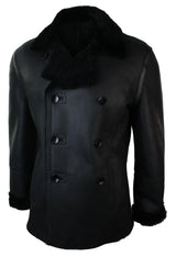 Mens Real Shearling German Navy Sheepskin Double Breasted Jacket Black Fitted