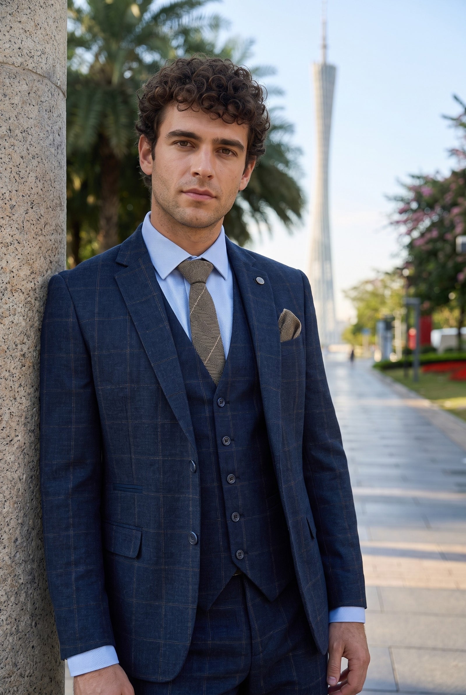 Look #729 styled with Men's 3 Piece Suit Wool Tweed Navy Blue Brown Check 1920s Gatsby