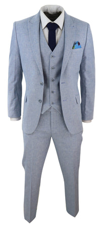 Men's Light Blue 3 Piece Linen Suit