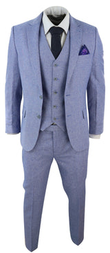 Men's Blue 3 Piece Linen Suit