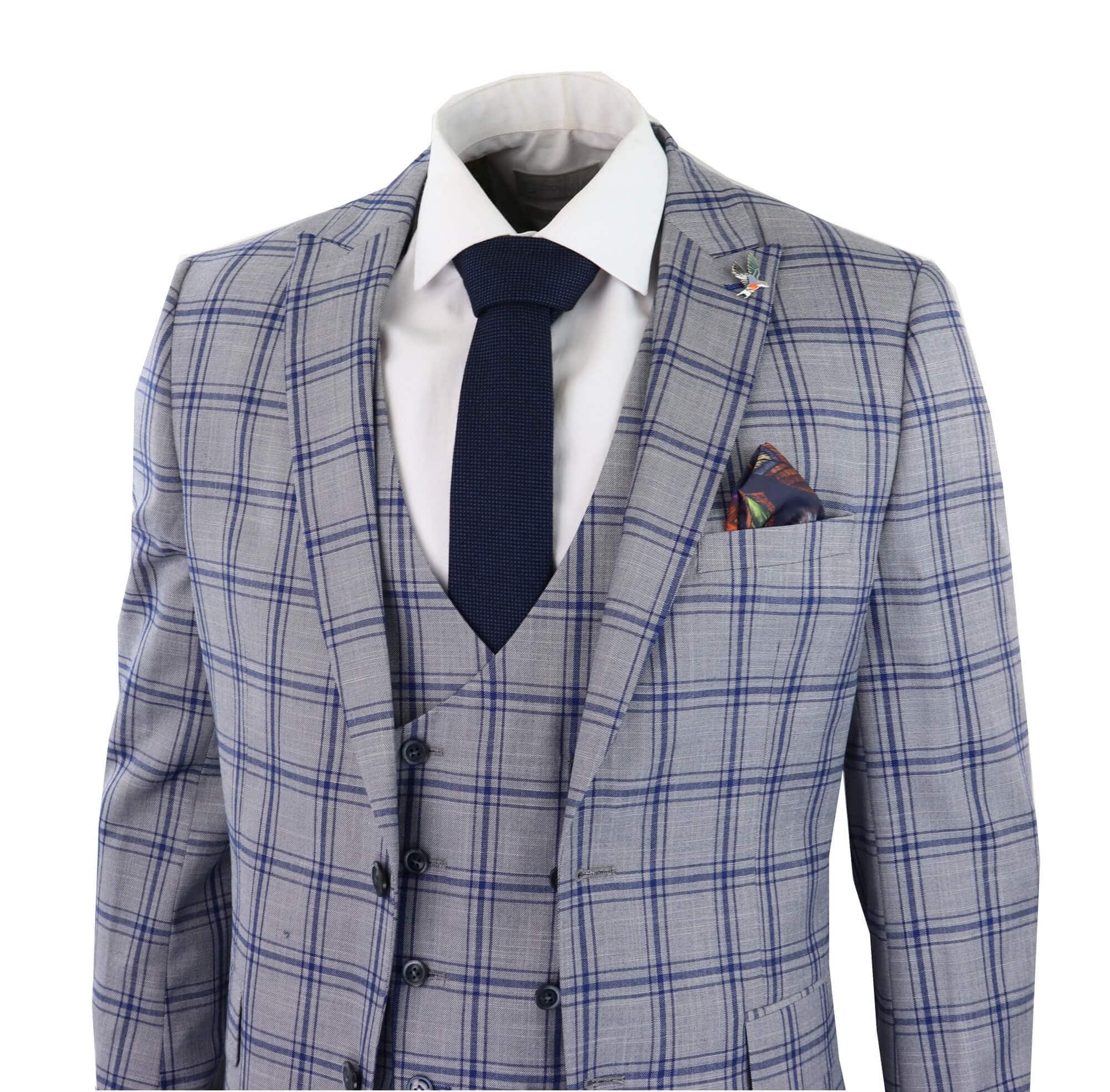 Men's Grey Blue Check 3 Piece Suit