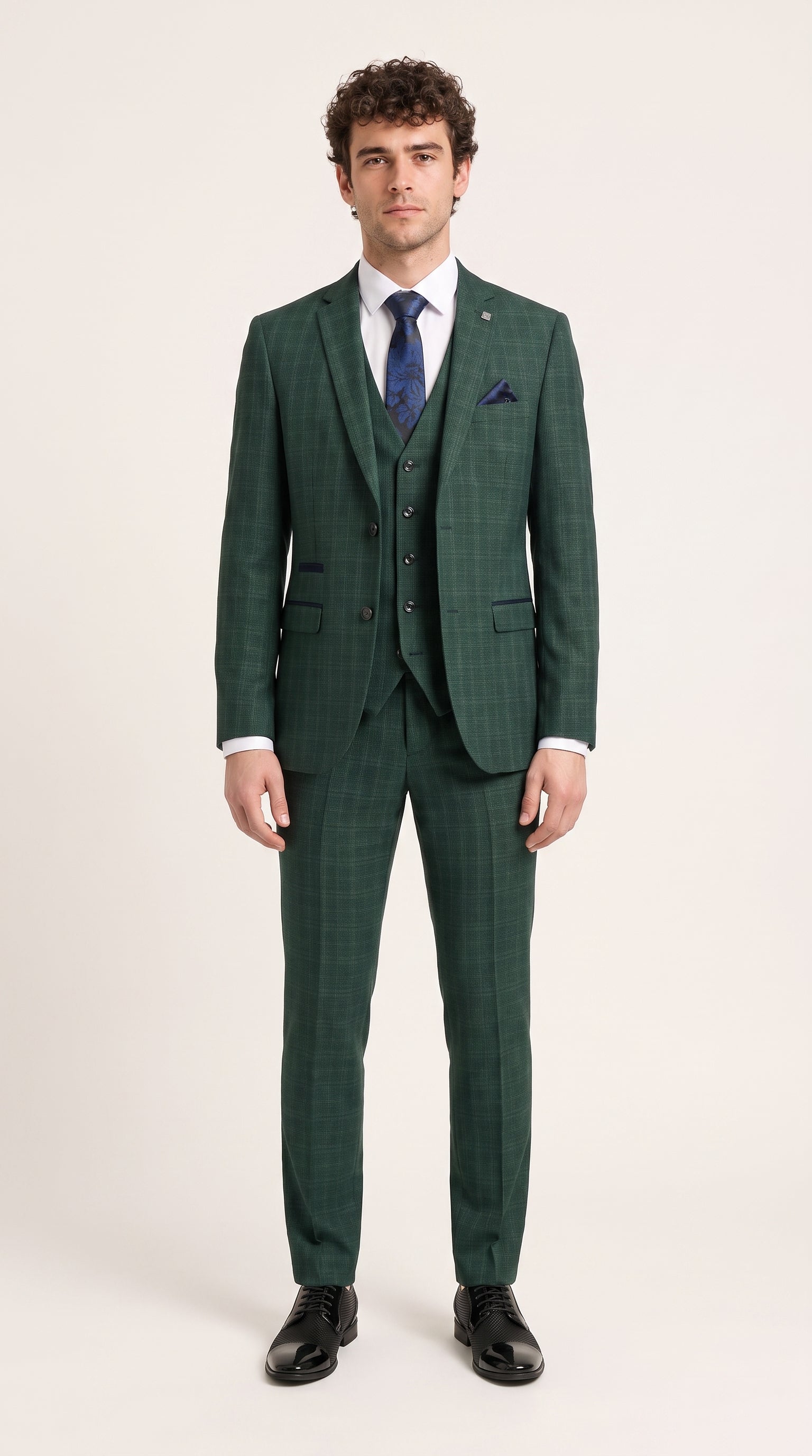 Look #342 styled with Leo - Men's Green 3 Piece Checked Tailored Fit Suit