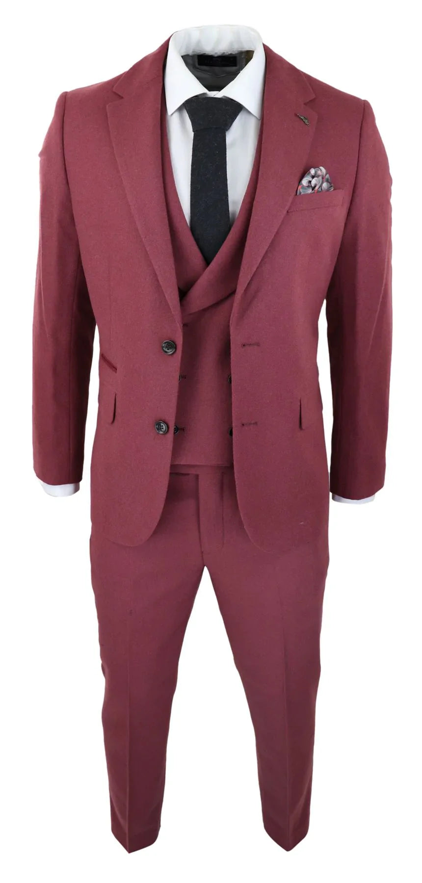 Mens Wool 3 Piece Burgundy Red Suit Double Breasted Wedding Party Vintage 1920s