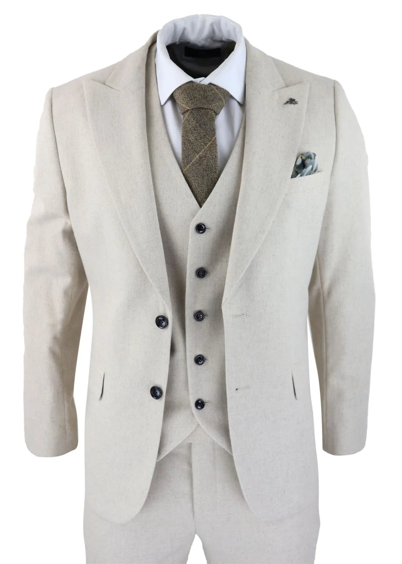 Mens Wool 3 Piece Cream Beige Suit Slim Fit Classic Wedding Party Vintage 1920s