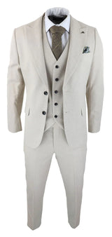 Mens Wool 3 Piece Cream Beige Suit Slim Fit Classic Wedding Party Vintage 1920s