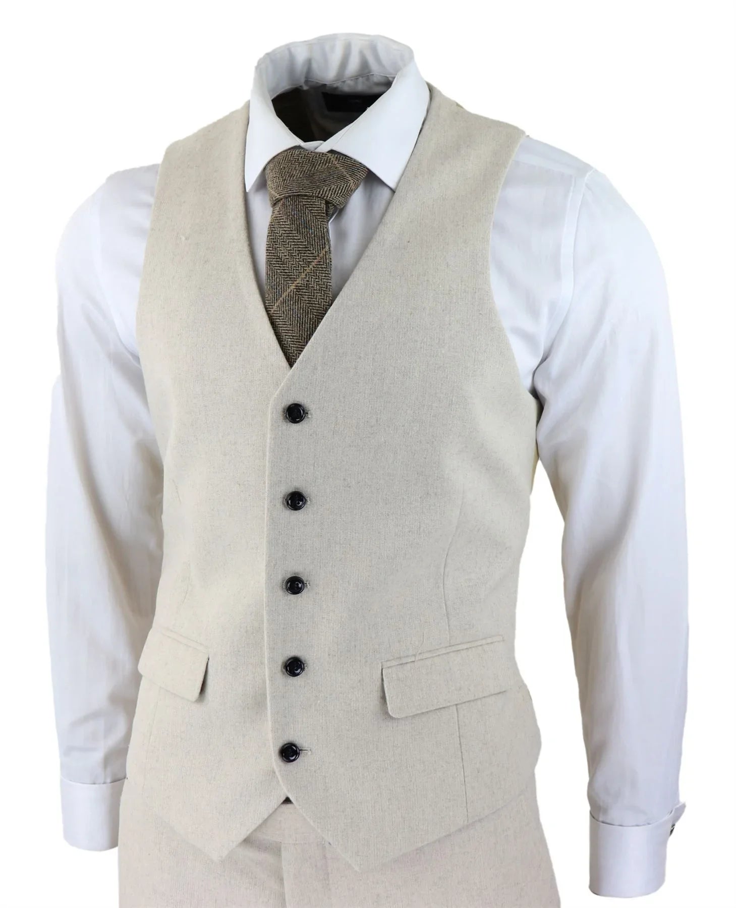 Mens Wool 3 Piece Cream Beige Suit Slim Fit Classic Wedding Party Vintage 1920s