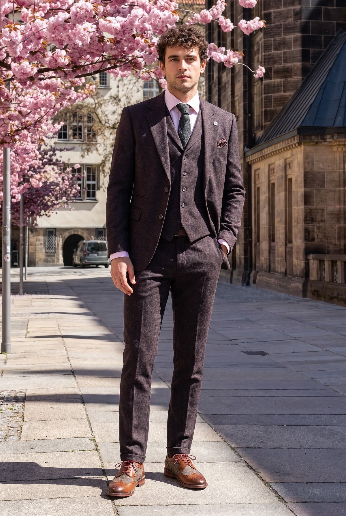 Look #992 styled with Mens Tie and Hankie Set - Grey Tweed STZ23, One Size