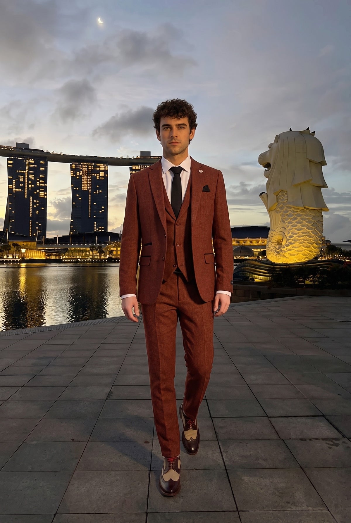 Look #935 styled with Rust Herringbone Tweed 3 Piece Suit