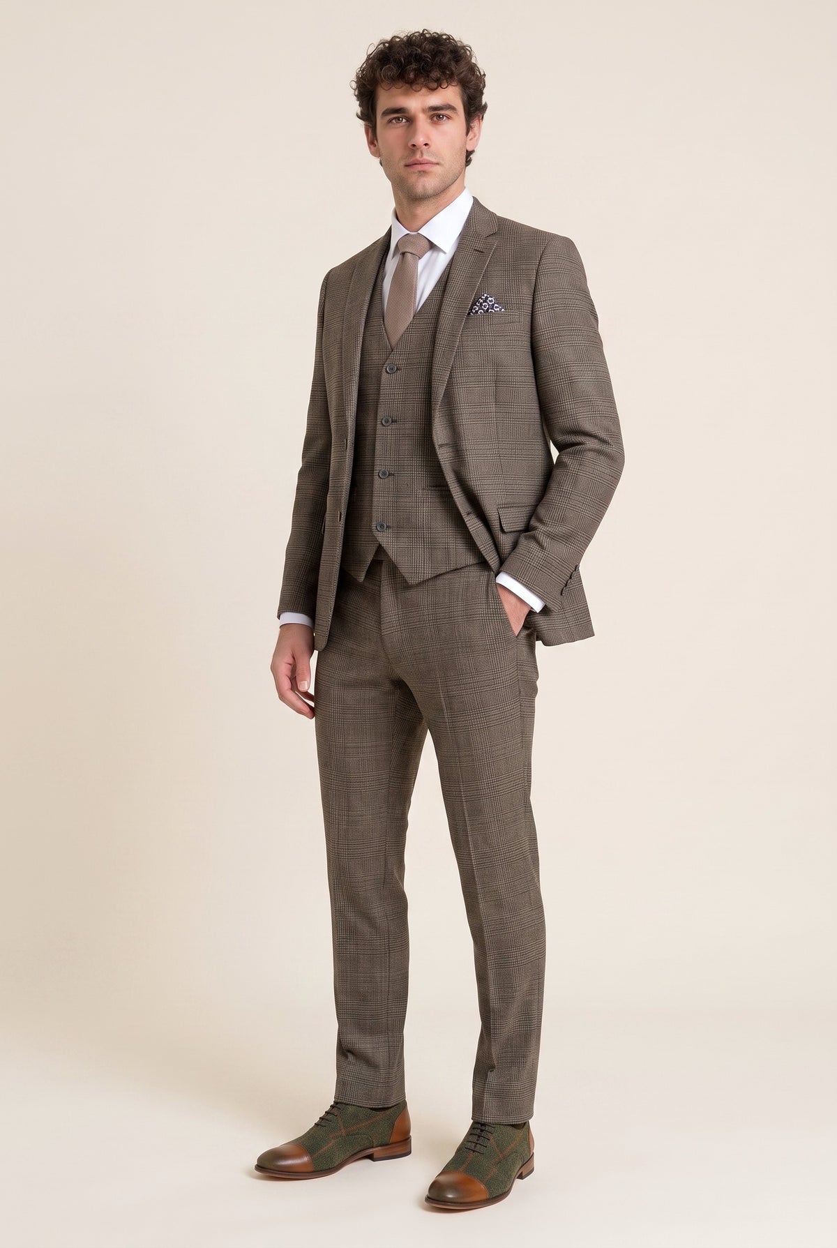 Look #603 styled with Men's Tan Brown Classic Check Slim Fit 3 Piece Suit