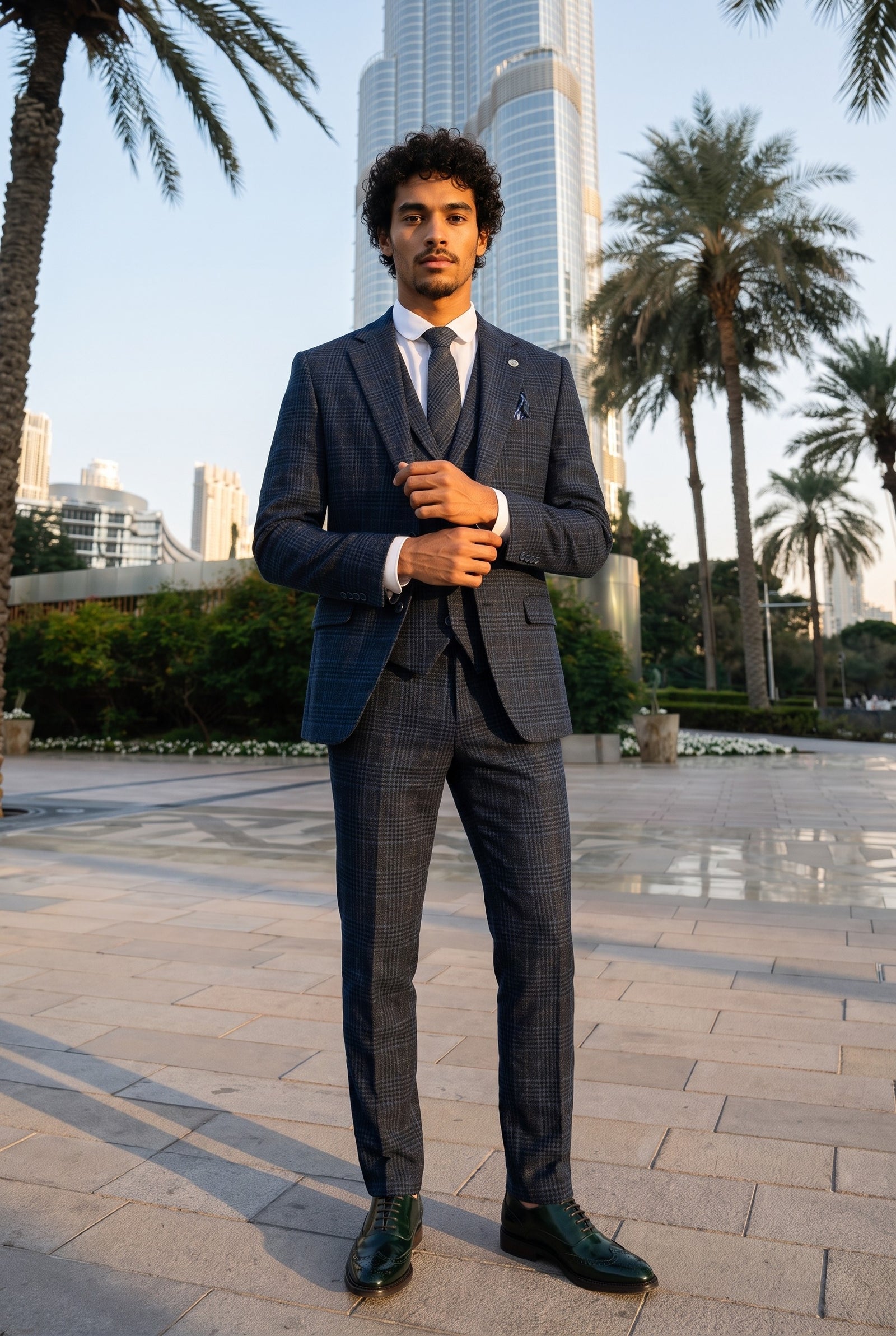 Look #266 styled with Compare Color Mens Tweed Herringbone Grey Tie Pocket Square Check Classic
