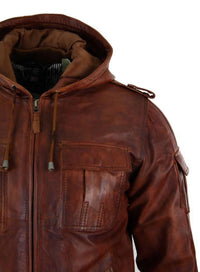 Mens Real Leather Hood Bomber Jacket Tan Timber Brown Washed Vintage Quilted
