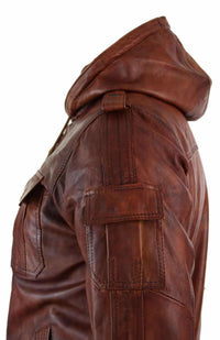 Mens Real Leather Hood Bomber Jacket Tan Timber Brown Washed Vintage Quilted