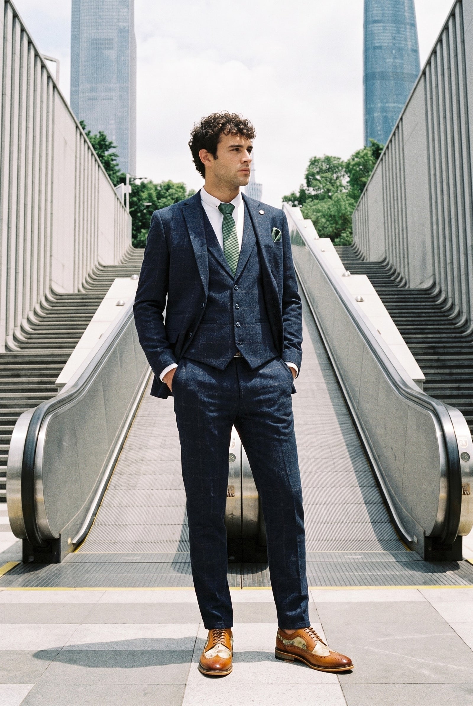 Look #727 styled with Men's 3 Piece Suit Wool Tweed Navy Blue Brown Check 1920s Gatsby