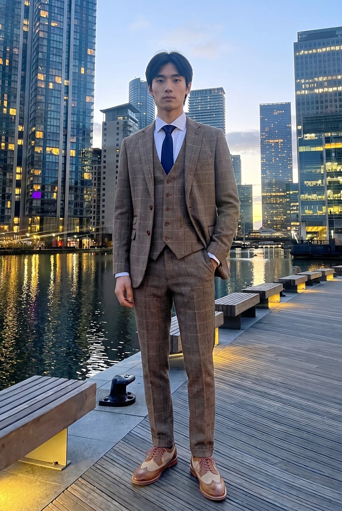 Look #536 styled with Harris - Men's Brown 3 Piece Herringbone Check Tweed Suit