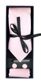 Satin Silk Pink Tie Gift Set Pocket Square Cuff Links Tie Shiny Satin