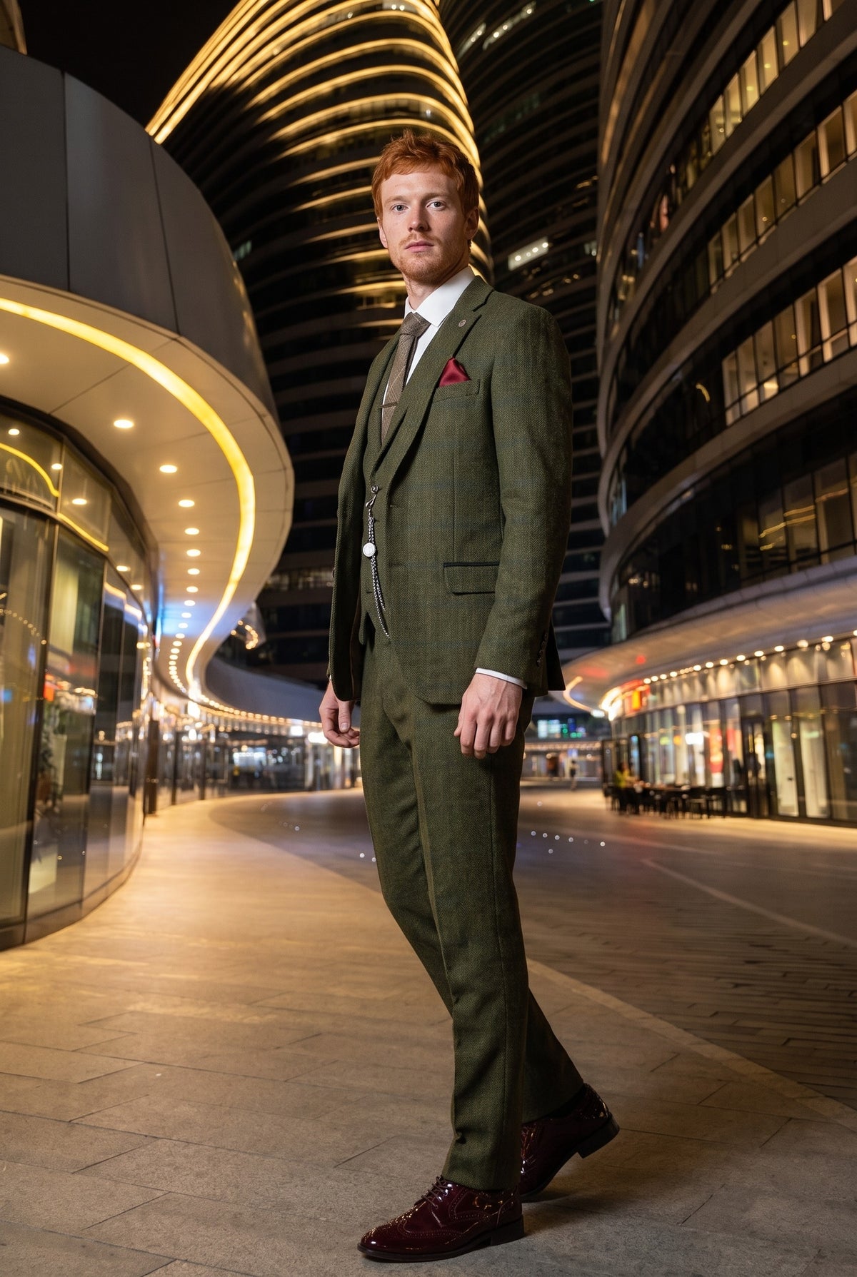 Look #708 styled with Men's 3 Piece Suit Wool Tweed Green Blue Brown Check 1920s Gatsby