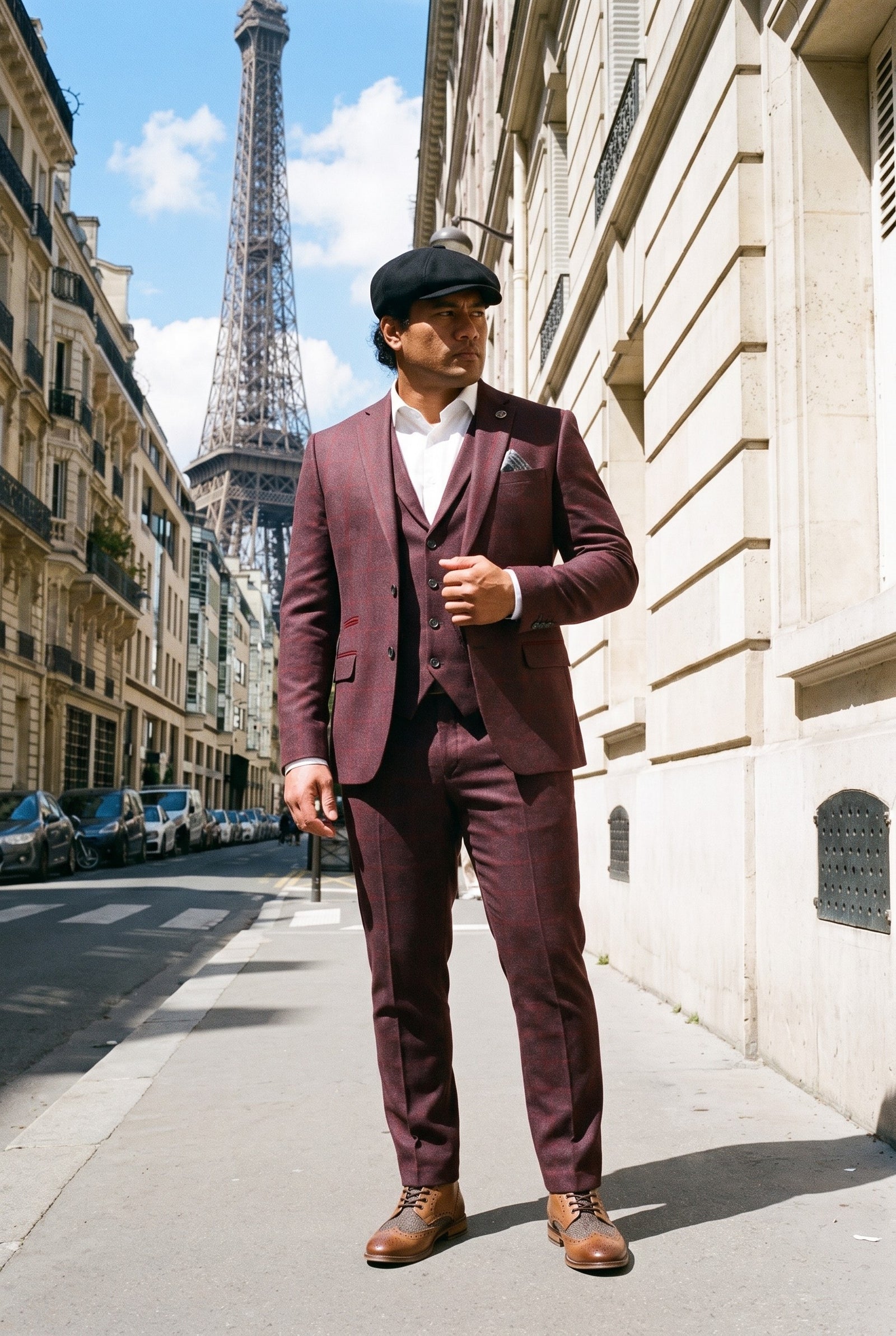 Look #990 styled with Men's 3 Piece Suit Wool Tweed Plum Wine Check 1920s Gatsby