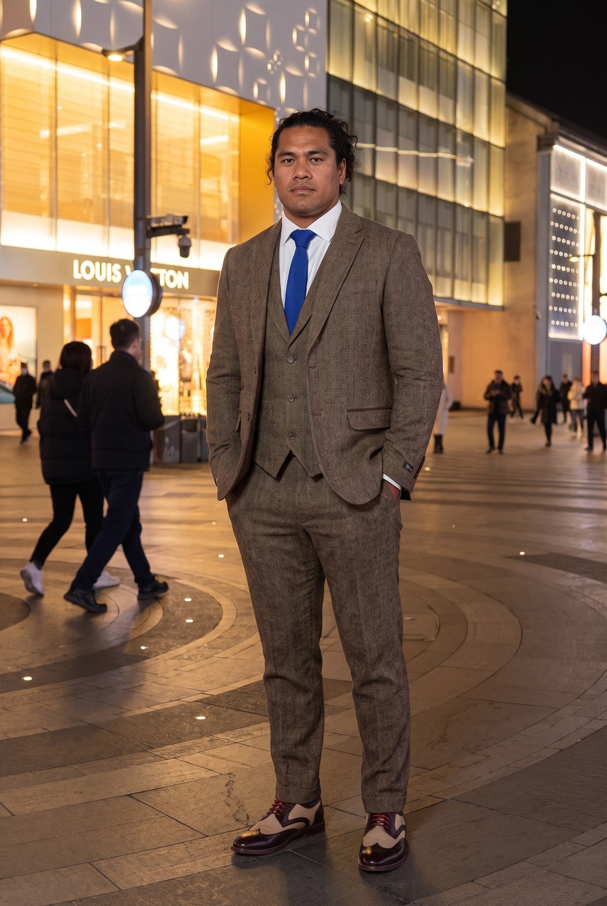 Look #966 styled with Oak-Brown Herringbone Tweed 3 Piece Suit