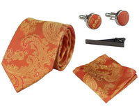 Paisley Neck Orange Tie Gift Set Pocket Square Cuff Links Tie Floral Satin