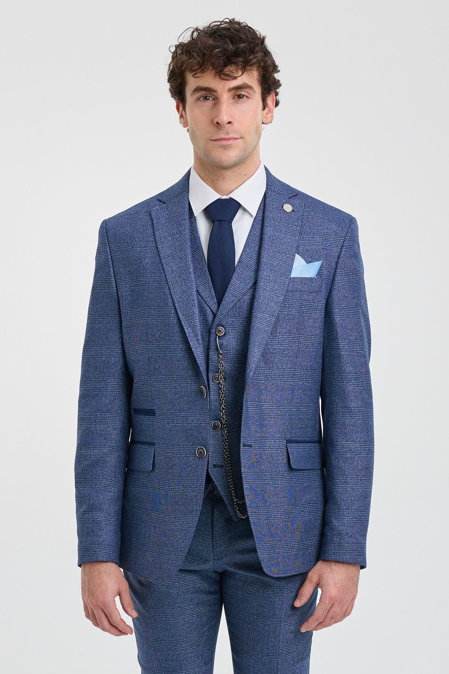 AK-09 Men's 3-Piece Tailored Blue Prince of Wales Check Suit