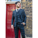 Men's Navy-Blue Windowpane Check 3 Piece Suit