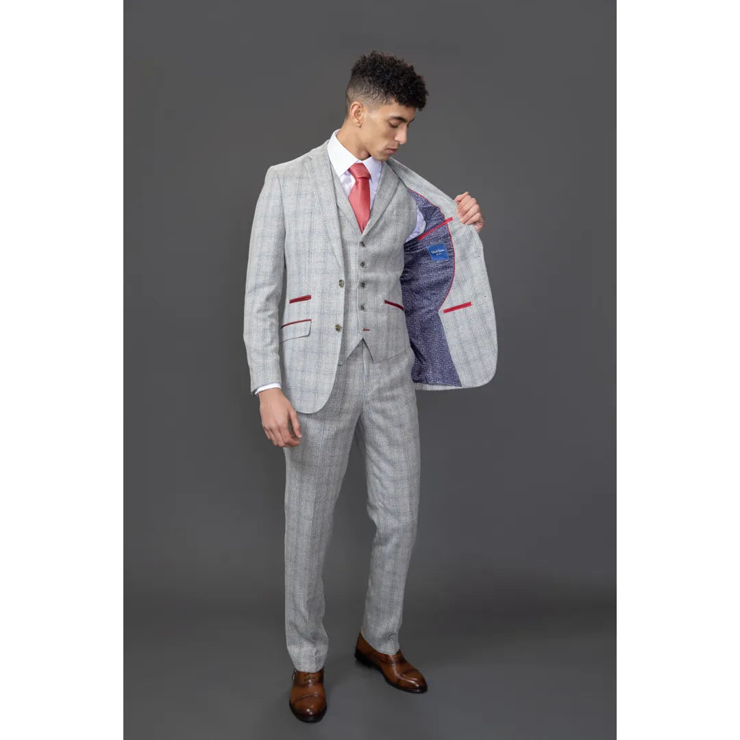 Andrew Men's 3-Piece Grey Checked Slim Fit Suit with Red Accents