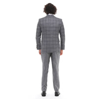 Mens 3 Piece Suit Grey Blue Check Contrasting Waistcoat Trouser Wedding Prom