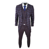Mens 3 Piece Suit Purple Blue Check Check Contrasting Waistcoat Trouser Wedding