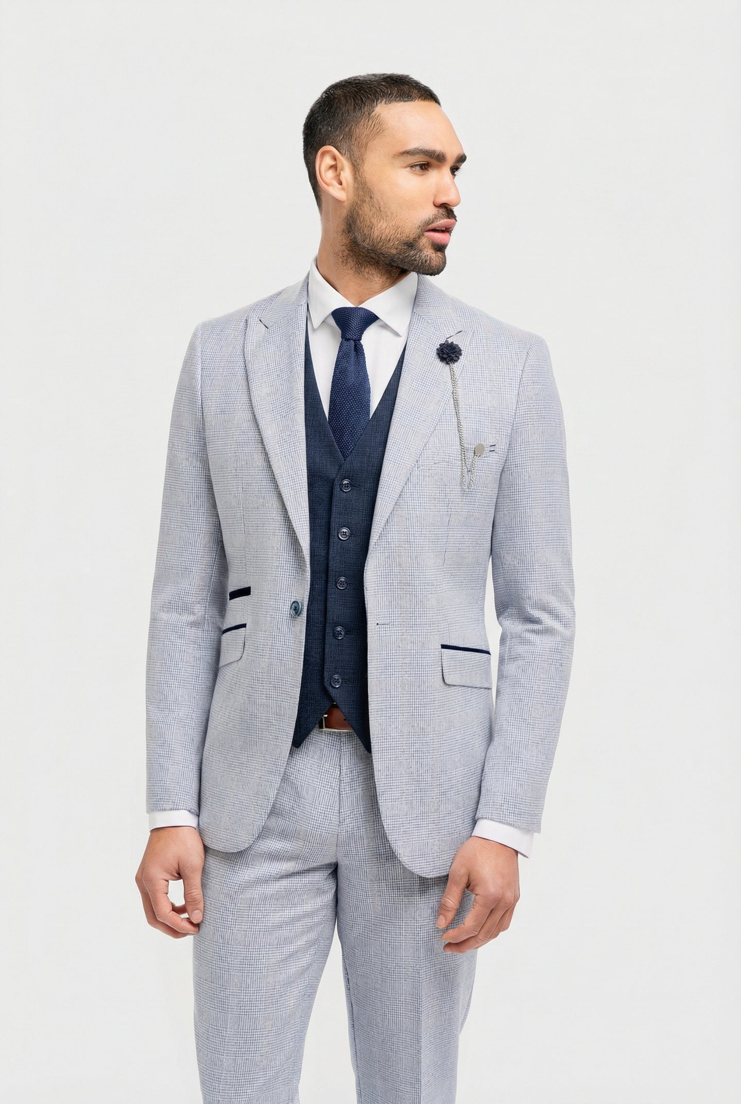 Men's Light Blue Check Prince of Wales 3-Piece Suit with Navy Waistcoat