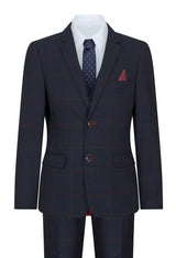 Boys Navy Check 3 Piece Suit Red Edinson Marc Darcy Classic Vintage Wedding
