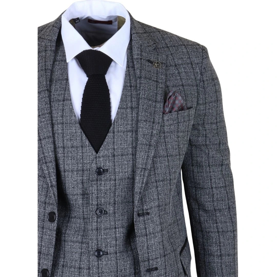 Men's Charcoal 3 Piece Tailored Fit Check Suit