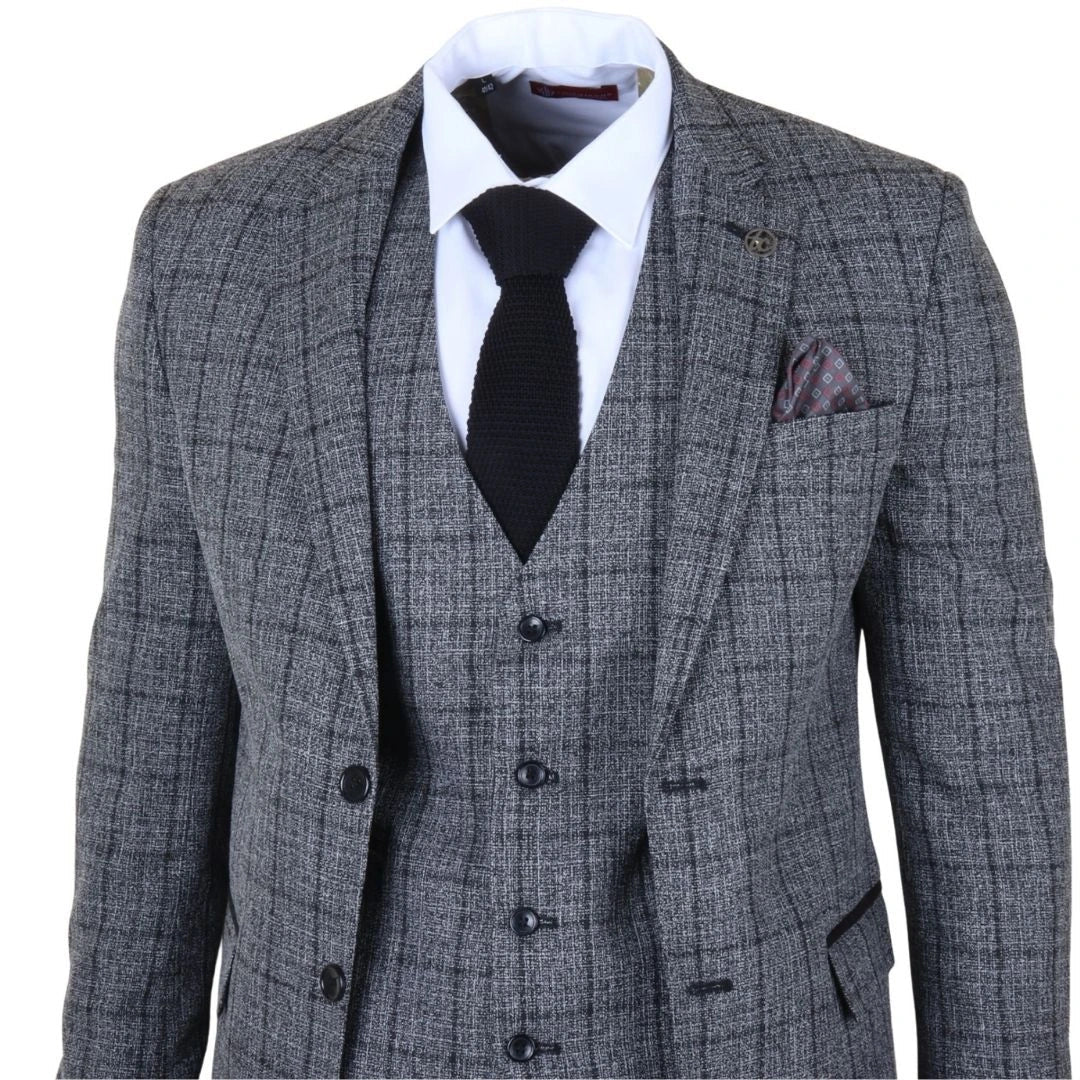 Men's Charcoal 3 Piece Tailored Fit Check Suit
